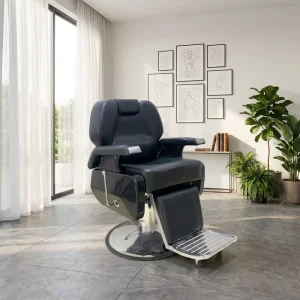 Black Hydraulic Reclining Barber Chair Adjustable Footrest 360 Swivel Heavy Duty Metal Salon Furniture ISO9001 Certified