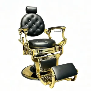 Black Leather Barber Chair with Golden Frame Sturdy and Durable Hydraulic Reclining Salon Chair