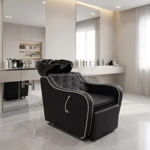 Black Leather Cover Tufted Back Shampoo Chair with Washing Sink Adjustable Footrest for Hair Styling Salon Barbershop