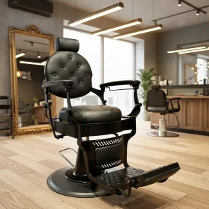 Black Leather Reclining Hydraulic Foldable Barber Chair Heavy Duty Salon Furniture for Men’s Grooming