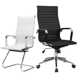 Black Leather Ribbed High Back OEM ODM Customizable Ergonomic High Back Executive Vintage Office Chair