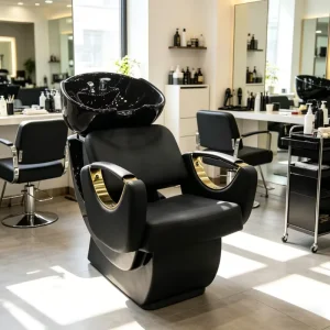 Black Leather Shampoo Chair with Black Ceramic Bowl and Gold Accents Adjustable Height Modern Design