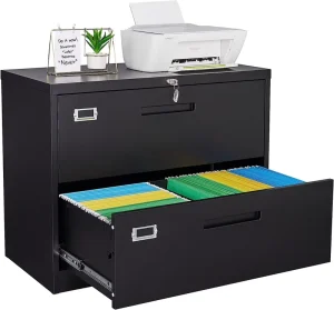 Black Lockable Metal Lateral Filing Cabinet 2 Drawers with Lock Office Legal Letter A4 Size Requires Assembly for Office