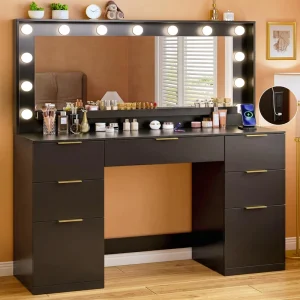 Black Makeup Vanity Desk with Mirror Light Glass Top Storage Drawers Large Tempered Cabinet Bedroom Dressing Table Set