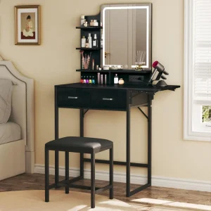 Black Makeup Vanity Desk with Mirror and Lights Makeup Table with 2 Shelves Fold up Panel and Power Outlet for Bedroom