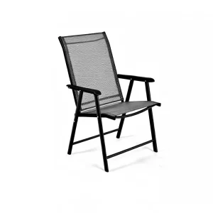 Black Metal Folding Garden Chair Waterproof Lightweight Portable Outdoor Villa Living Room Patio Lounge Seat Mesh