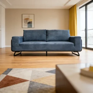 Black Metal Frame Armrest Handles Navy Blue Velvet Upholstered Compressed Sofa Modern Minimalist Straight-row Three Seat