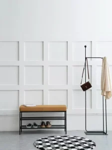 Black Metal Frame Shoe Bench with Cotton Linen Padded Cushion 3-Tier Storage Entrance Shoe Rack Bench for Front Door Hallway