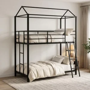 Black Metal Twin Bunk Bed with House Canopy Sturdy Steel Bed with Guardrail & Ladder for Kids Bedroom & Mosquito Net Use