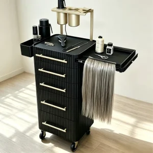 Black Modern Fluted Salon Trolley Hair Extension Hanging Tray Rolling Cart Multi Drawers Durable Eco Friendly Portable Salon