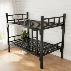 Black Modern Full Size Bunk Bed School Hostel Worker Camp Hotel Iron Keel Boltless Frame Accent Ladder Guardrail Wire Mesh