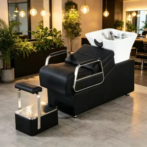 Black Modern Reclining Shampoo Chair Stainless Steel Base White Ceramic Basin Adjustable Height Durable Beauty Salon Nail Salon