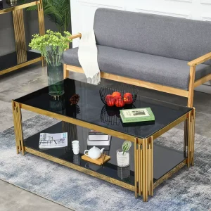 Black Nordic Glass Top Side Center Table with Stainless Steel Legs and Gold Coffee Table