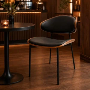 Black PU Leather Dining Chair Faux Wood Curved Back Modern Cafe Restaurant Chair for Hotel Furniture OEM Custom Bulk Factory