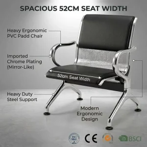 Black PVC Cushion Hospital Waiting Chair Single Seat Chrome Plated Cold Rolled Steel Perforated Back Lobby Bulk Supply