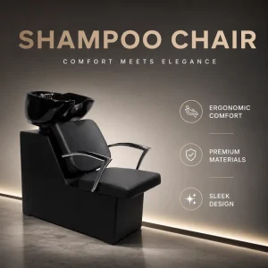 Black Salon Shampoo Backwash Unit with Black Ceramic Basin Comfortable Hair Washing Chair Chrome Armrest Design