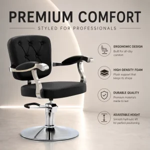 Black Salon Styling Chair Hydraulic Barber Chair with Round Base Footrest and Chrome Curved Armrest Design