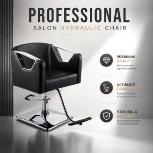 Black Salon Styling Chair Hydraulic Barber Chair with Square Base Footrest and Geometric Chrome Side Panel Design