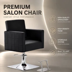 Black Salon Styling Chair Hydraulic Barber Chair with Square Base and Semi Enclosed Armrest Design
