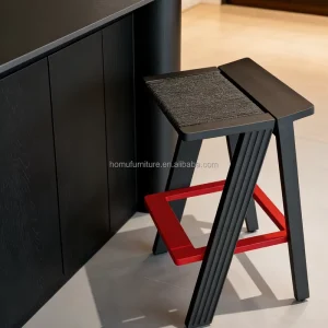Black Solid Wood Contemporary Island Bar Stool with Woven Cord Seat for Living Room Bars Cafs & Reception Areas