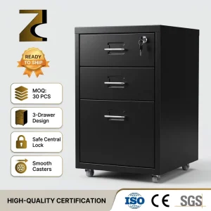 Black Steel 3 Drawer Mobile Pedestal Lockable Office Filing Cabinet Under Desk Rolling Storage Unit OEM Supplier