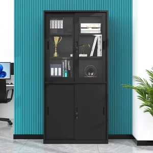 Black Steel Filing Cabinet with Sliding Glass and Iron Door for Home Office and School Document Storage