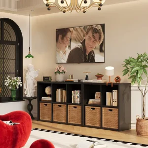Black Steel Modular TV Cabinet With Adjustable Partitions for Versatile Living Room Storage