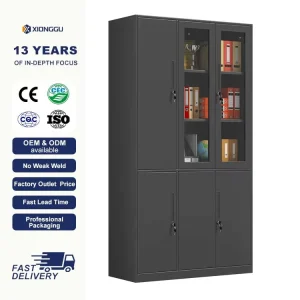 Black Steel Office Cabinet Glass Door Display Storage Locker for Company Admin Staff Room Trophy File Organizer