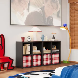 Black Steel TV Cabinet with Open Grid Storage for Modern Home