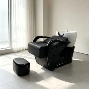 Black Synthetic Leather Modern Shampoo Chair Ceramic Bowl Adjustable Height Professional Salon Backwash Chair for Hairdressing