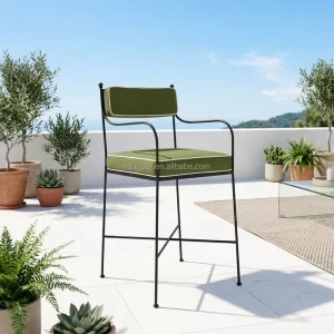 Black Thin Wrought Iron Bar Stool Armchair Olive Green Piped Cushions Modern Counter Height Kitchen Bistro Bar Set Outdoor Hotel