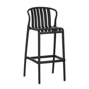 Black Vertical Slatted Integrated PP Bar Stool Weatherproof Outdoor Counter Height Bar Chair for Cafe Restaurant Hotel Patio