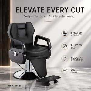 Black Vintage Barber Chair Hydraulic Reclining Salon Chair with Headrest Footrest and Minimal Backrest Design