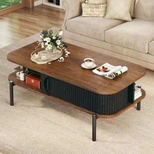 Black & Walnut Coffee Table 39.4″ Modern Coffee Tables for Living Room with Storage Open Shelf