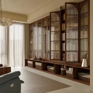 Black Walnut Wood Living Room Bookcase Integrated the Whole Wall Card Seat Sofa Behind the Library Bookshelf with Door