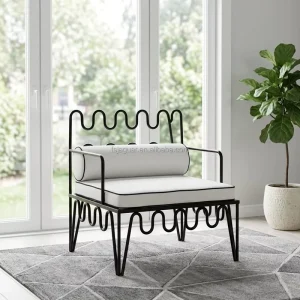 Black Wavy Wrought Iron Accent Armchair with Cylindrical Bolster Piped Seat Cushion Industrial Antique Design for Home Office Living Room