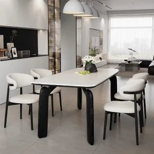 Black White Metal Rectangular Dining Set 6 Seater Modern Elephant Legs Rock Slab Top for Kitchen and Home Use