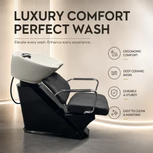 Black White Salon Shampoo Backwash Unit with White Ceramic Basin for Hair Salon and Beauty Studio