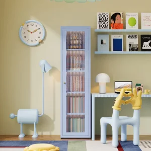 Blue Children’s Narrow Steel Corner Bookshelf Slender Metal Rack for Small Bedrooms
