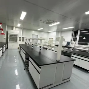 Blue Durable Metal Medical Biology Laboratory Work Bench with Phenolic Resin Top PP Sink Floor Mounting