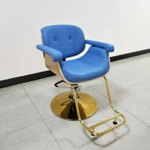 Blue PU Styling Chair Salon Furniture Wood Frame Gold Base Hydraulic Barber Chair for Hair Salon