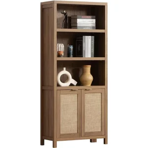 Boho Tall Book Case Shelf 5 Tier Bookshelf Uniqure Rattan Bookcase For Living Room Bedroom Home Office Kitchen