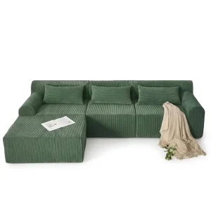 Boneless Foldable Floor Futon Corduroy Pull Out Convertible Loveseat Sofa Bed Set Sponge 3 Pillows Modern Hotel Apartment Villa
