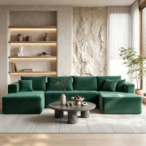 Boneless Modular U Shaped Sectional Sofa 132.48 Inch Corduroy Deep Seat Floor Couch No Assembly for Living Room Green