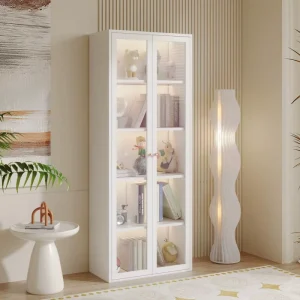 Bookcase Made of Steel White Environmentally Friendly Metal for Household Use 3C Tempered Glass Door Bookshelf 1800 High
