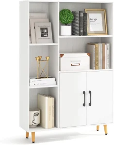 Bookcase with Double Doors Floor standing Bookshelf with 5 Open Compartments and Storage Cabinet Kitchen Storage Box