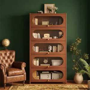 Bookcase with Ladder Solid Wood Library Bookcase Knock Down Showcase Cabinet for Antique Home Office Furniture