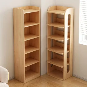 Bookshelf Floor Standing Narrow Wooden Storage Rack with Back Polygon Shaped Shelves Space Saving for Living Room or Bedroom