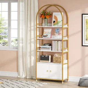 Bookshelf Wooden Stylish and Versatile Gold Metal Frame Wood Rack Display Shelf