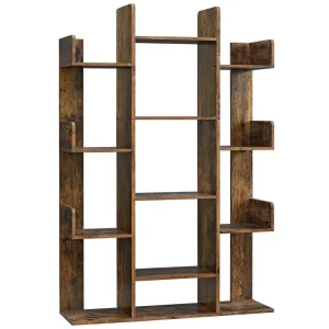 Bookshelf tree shaped bookcase with 13 storage shelves rounded corners 9.8 x 33.9 x 55.1inch rustic brown